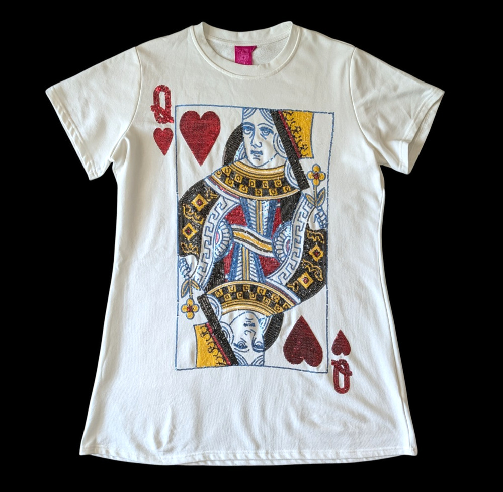 Queen of Sparkles Queen of Hearts Card Sequin T Shirt Mini Dress Size XL White